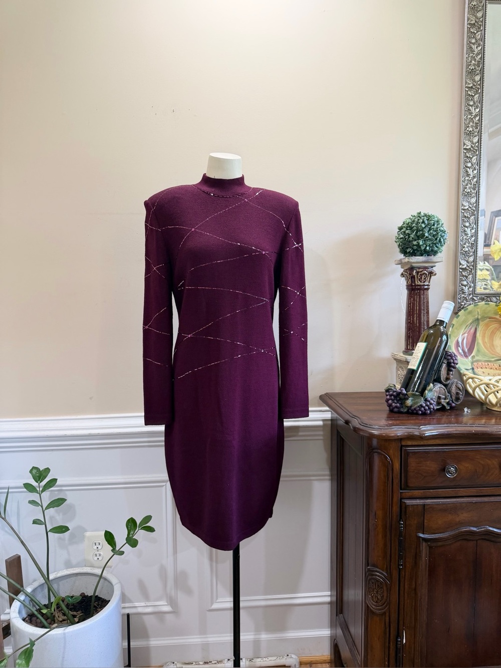 St. John Evening Women's Long Sleeve Mock Neck Sweater Dress - Plum
